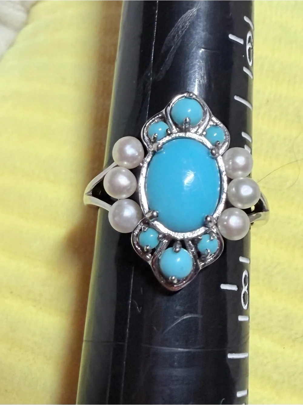 Turquoise and Pearl Sterling-Style Statement Ring - Bright Blue Accent